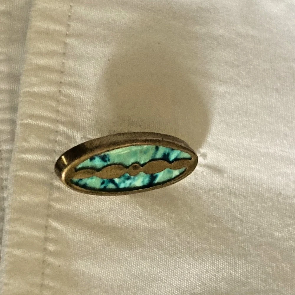 Vintage Early Art Deco Solid Brass Navette Turquoise Enamel Cufflinks